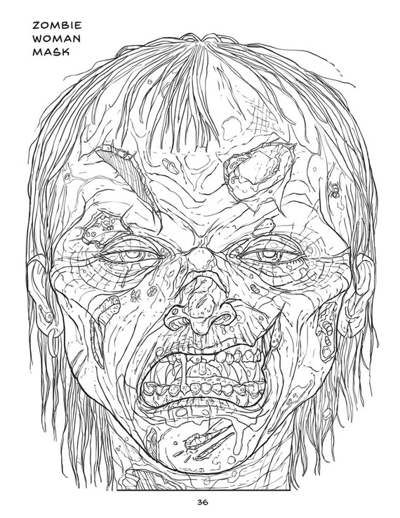 Zombie Woman Mask Coloring Image 8.5 inches x 11 inches