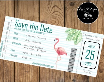 Save The Date/ Engagement/ Destination Wedding/ Flight Ticket/ Boarding Pass/ Flamingo/ Tropical/ Cruise/ Island/ Print Yourself/ Download
