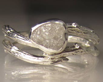 White Raw Diamond Ring, Raw Diamond Engagement Ring, Rough Diamond Engagement Set