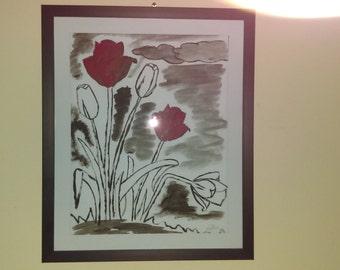 Black and white art with a splash of red