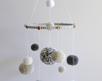 Pom pom baby mobile, neutral baby mobile, nursery decoration, white tan gray, pom pom mobile, pompoms, yarn mobile, pom pom mobile nursery