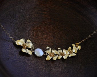 Asymmetrical Gold Dogwood Necklace/ Flower Necklace/ Feminine Necklace/ Gold Necklace/ Gold Pearl Necklace/ Pretty Necklace