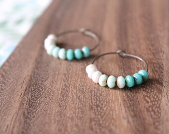 white aqua mint ombre czech glass hoop earrings