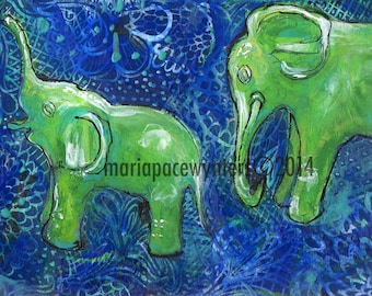 Two Jade Elephants -ACEO Open edition reproduction by Maria Pace-Wynters