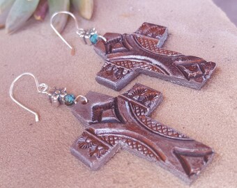 Leather Cross Earrings - Silver Paint - Distressed - Tooled Leather - Rustic - Flowers - Hand Painted - Sterling Silver - Western Jewelry