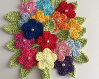 50 Crochet flowers - Leaves - Mix Multi - Mercerized Cotton - Size 3.2cm