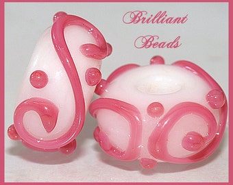 Pink Posies- Pink Scrollwork Glass Beads- Handmade Lampwork Pair SRA, Made To Order
