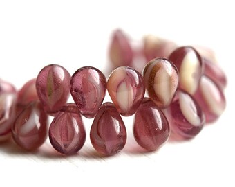 5x7mm Purple Glass drops Purple Beige Mixed color, czech glass small teardrops Purple glass beads - 30pc - 1141