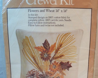 Vintage Crewel Kit "Flowers and Wheat Pillow" from 1977 14 x 14 Pillow Caron Open Clean and Complete