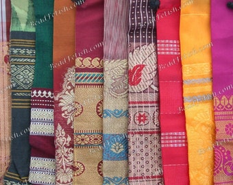 12 ~ Recycled Sari Drawstring Gift Bags, 8" x 5" Fabric Gift Pouches, Bohemian Boho Gift Bags, Handcrafted Multi-Colored Gift Bags MS-035-12