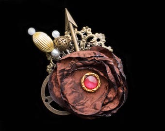 Red and Bronze Steampunk Fascinator- Steampunk Wedding Fascinator- Steampunk Hair Clip- Steampunk Costume- Steampunk Hair- Red Flower Clip