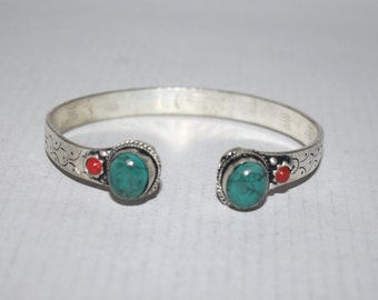 Turquoise bracelet, Coral Bracelet, Boho bracelet, Silver Bracelet, Tribal Bracelet, Gypsy bracelet, Hippie Bracelet BTBB112