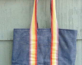 Rainbow and Denim Tote Bag, vintage handmade, 60s 70s 80s style, bookbag or laptop bag