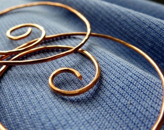 Large Swirl Hoop Earrings. NOTSO MINI 45mm . Swirls. hammered surface. 18 gauge Solid Copper Wire