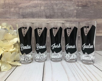 Personalized Shot Glasses with Tuxes, Groomsmen Wedding Glasses, will you be my groomsman, groomsman gifts, wedding party gifts