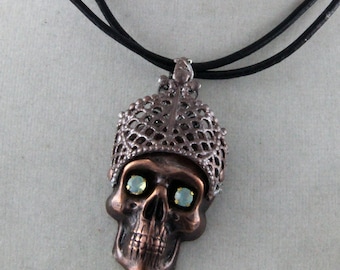 Art Necklace Zombie King Jeweled Skull Crowned Leather Necklace