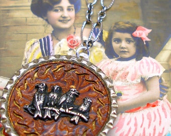 Antique Bird BUTTON necklace, Victorian birds on sterling silver, OOAK one of a kind jewellery. Present, gift.