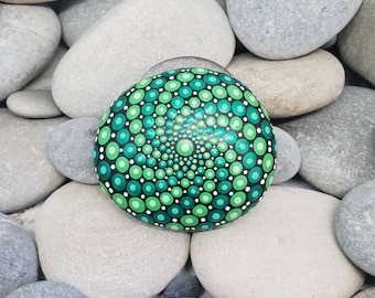 Green Painted Stone - Irish Painted Rock - Mandala Stone - Meditation Mandala Rock - Unique Home Decor - Dotilism - Paperweight