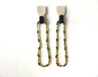 Black, White Leather with Green & Gold Bead Long Long Loop Earring