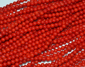 Red Coral Small Round Beads. Size 3.5mm and 4mm, High Polished Full Strand 16'
