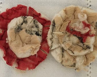 2 upcycled fabric flowers, cottage chic flower gift top, lot flower supplies, scrap flowers shabby upcycled quilt flower scrap appliques #18