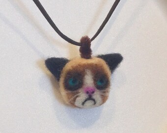 Grumpy Cat Necklace - Needle Felt Cat - Grumpy Cat Charm - Cat Jewelry - Felt Cat - Felt Animals - Cat Necklace - Grumpy Cat Charm Necklace