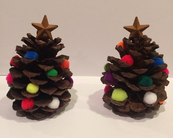 Pinecone Christmas Tree decoration, multi colored pom poms, star on top
