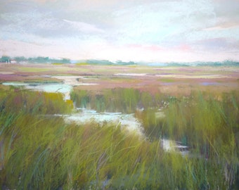 Low Country lowcountry Wetlands Green Landscape Original Pastel Painting 12x18