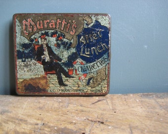 A vintage English cigarette tin, Muratti's After lunch cigarettes, tin box