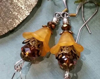 Amber Flower Earrings, Dangle and Drop Earrings, Fairy Beaded Earrings, Dainty Floral Earrings, Orange Earrings, Gift for Her, Birthday Gift