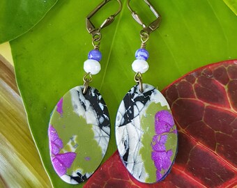 BonnieAndBlu Handmade Oval Polymer Clay and Beaded Drop Earrings - antique-style fan lever back ~ persephone design~