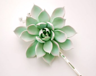 Made-to Order 2.75 inch Mint Green and Peach Succulent Hair Flower with Handwired Rhinestones with Silver Settings