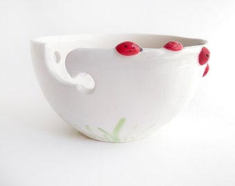 Ladybug Ceramic Yarn Bowl, Knitting Bowl, Crochet Bowl , with Red Ladybugs. Ready To Ship