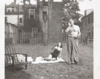 Vintage Photo "Hey, Joe! Over Here!" Shirtless Man Holding Beer Wife Wearing Black Swimsuit Found Vernacular Photo