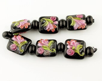 Lampwork Glass Bead Set Garden Florals, Black with Pink Flowers
