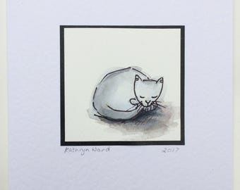 Little white cat original watercolour - greetings card