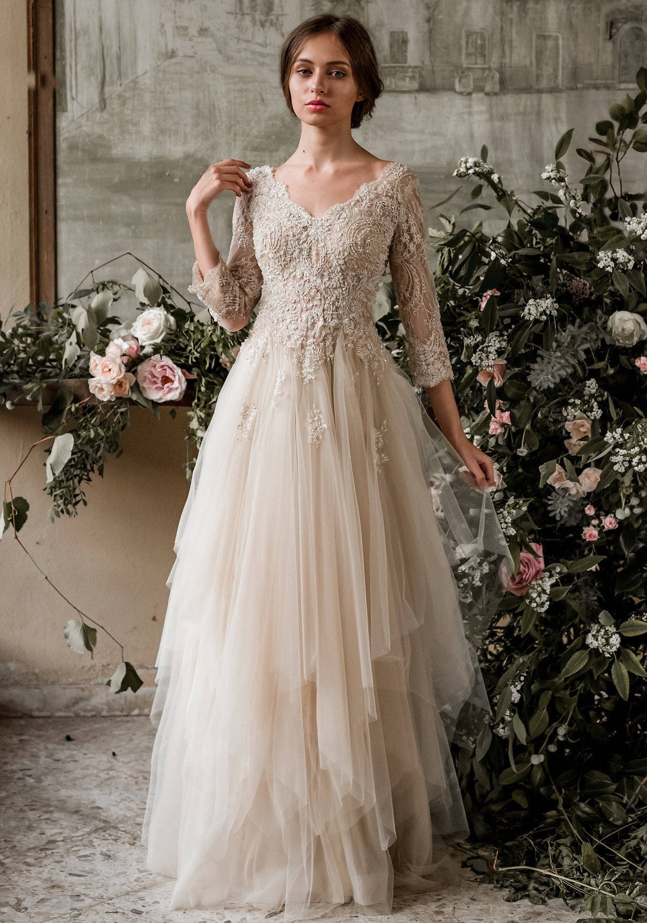 Light Champagne Lace and Tulle Boho Wedding Dress – daisystyledress