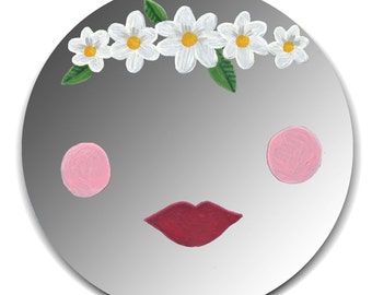 Hand painted mirror - Spring Daisy Garland with Red Lips and Cheeks