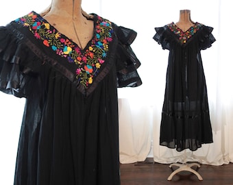 Vintage Black Cotton Gauze Mexican Caftan Dress colorful embroidery embroidered ruffle angel sleeves boho ethnic