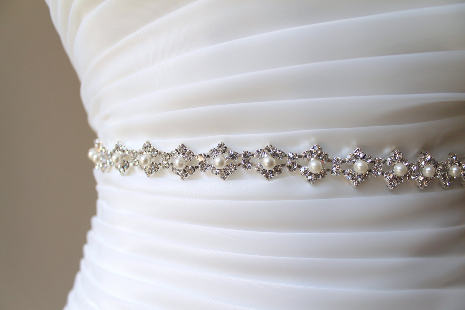 Bridal Slim Pearl Rhinestone Sash. Crystal Jewel Thin Wedding