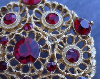 VINTAGE FILAGREE BROOCH, Ruby Red Rhinestones, Dome Shaped , Floral Motif