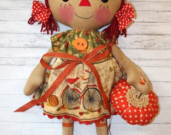 Giant Fall Themed Buttercup Annie with Orange Pumpkin - Primitive Raggedy Ann Dolls (HAFAIR)