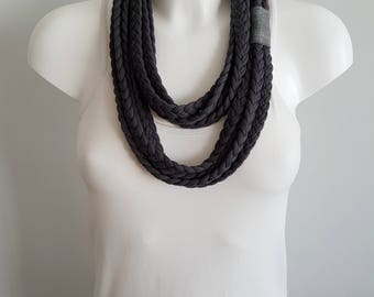 T-shirt scarf, t-shirt necklace, gray necklace, gray scarf, braided scarf, fabric scarf, fabric necklace