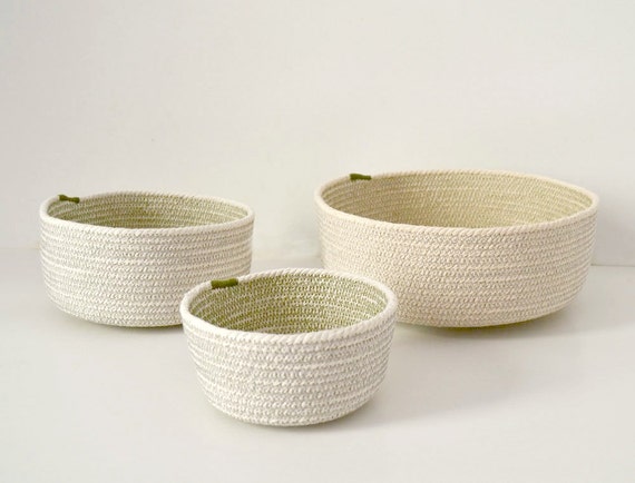 Beach decor basket, Boho basket decor, Small rope baskets, Jewellery organiser, Fruit basket Natural cotton rope, Olive green and grey, Rope