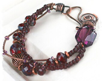 Boho Ruby Red Bracelet for Her, Amethyst Nugget Bohemian Statement Bracelet Multi-strand, 3 Strand Beaded Copper Bracelet, OOAK Artisan