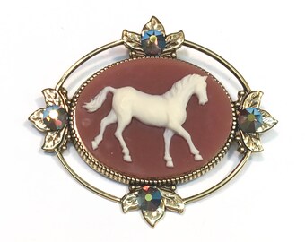 Horse Cameo Brooch - Horse Jewelry with Crystal Accents