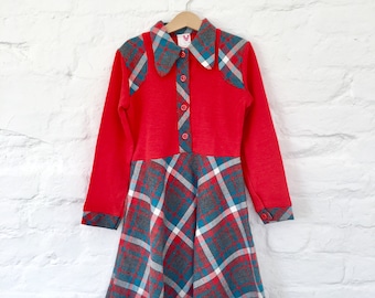 Vintage 60s 70s Red/Checkered Dress French Made 8-10 Y