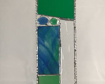 Unique Stained Glass Suncatcher Panel - Green/Blue/Textured Clear