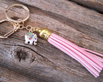 Leather Tassel Keychain - Purse Charm - Pink - Elephant - Boho