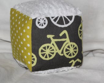 Small Yellow Bicycles Fabric Block Rattle Toy